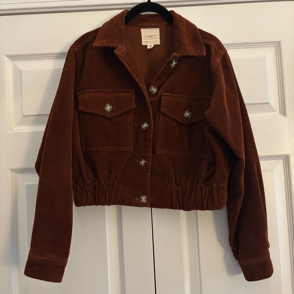Retro brown corduroy cropped jacket with tortoise buttons from Francesca’s